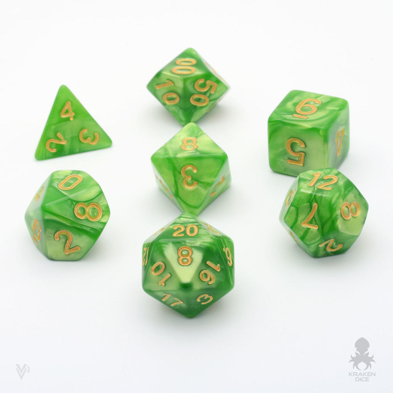 Green Grass Pearl 7pc Dice Set Inked in Gold